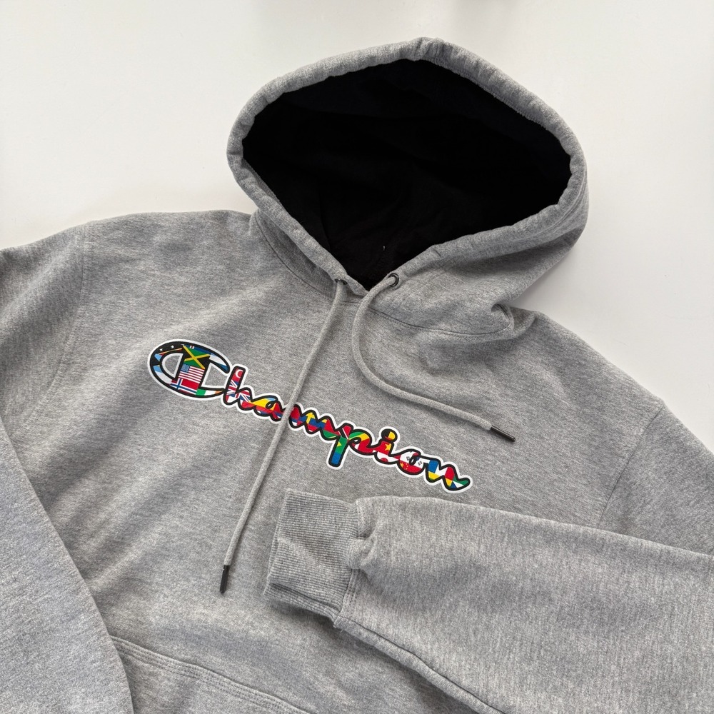 CHAMPION World Flags Logo Fleece Pullover‎ Hoodie Sweatshirt Mens Medium Gray